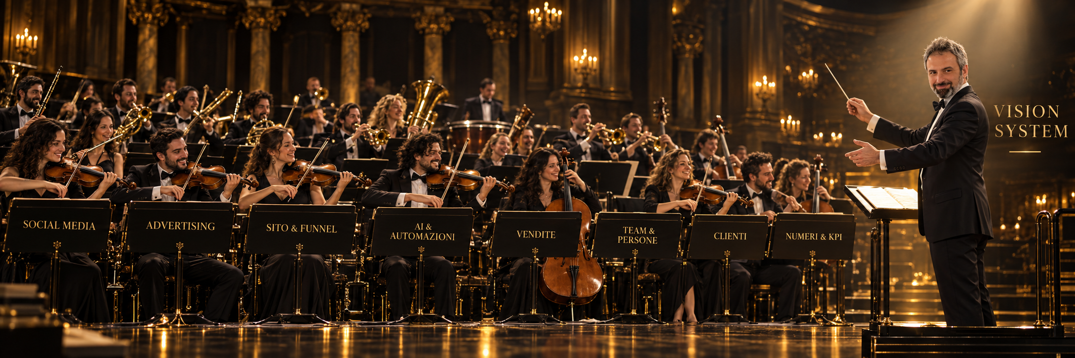 Vito Brusca dirige l’orchestra: i musicisti suonano insieme.