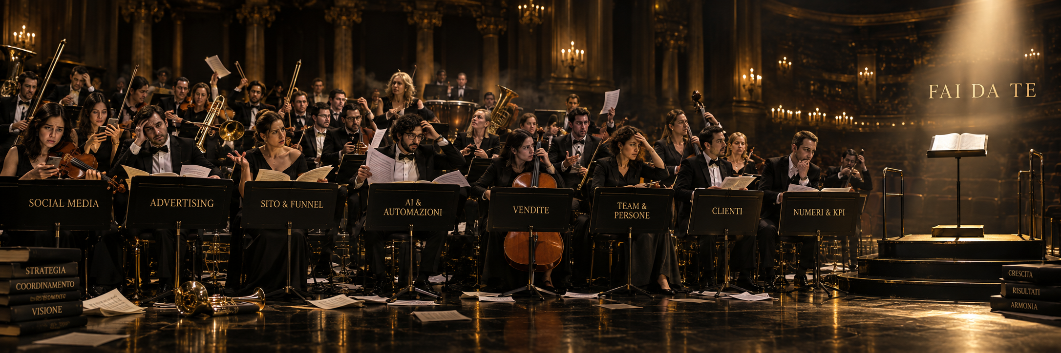 Musicisti disorientati, strumenti e partiture senza coordinamento; il posto del direttore è vuoto.